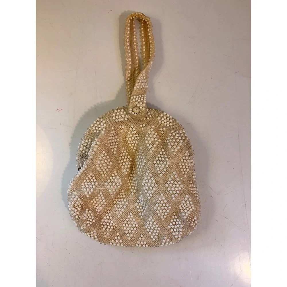 Vintage Beaded Wristlet Clutch Cream White Diamond Pattern Evening Bag 5.5" - Picture 2 of 8